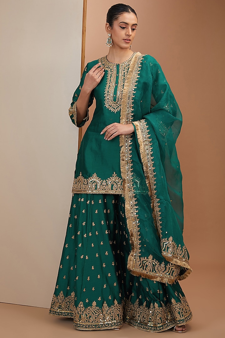 Green Silk Chanderi Boota Embroidered Sharara Set by Sheetal Batra