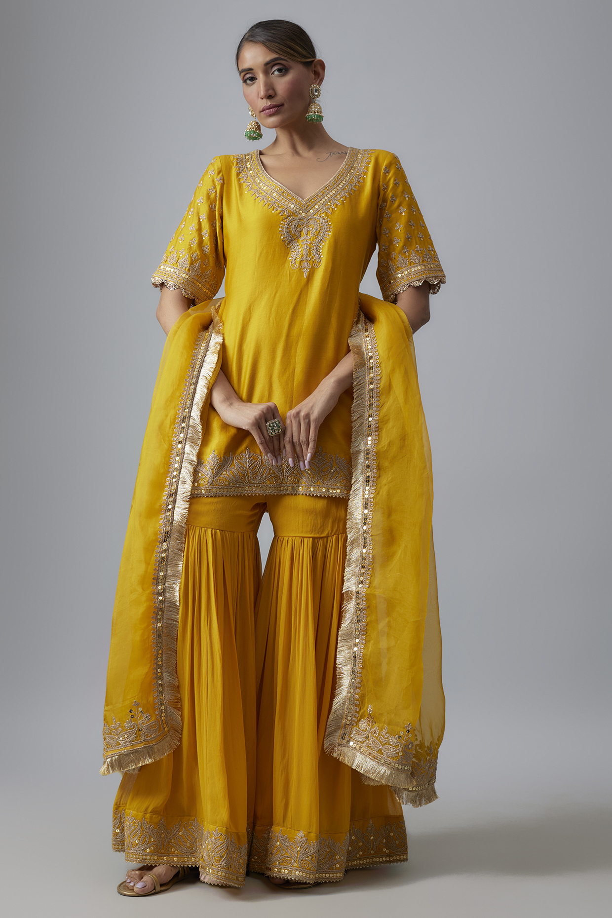 Yellow Georgette Gharara Set by Sheetal Batra at Pernia's Pop Up Shop