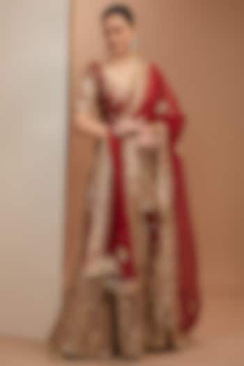 Red Silk Chanderi Kashmiri Embroidered Sharara Set by Sheetal Batra at Pernia's Pop Up Shop