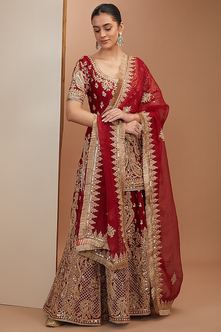 Red Silk Chanderi Kashmiri Embroidered Sharara Set by Sheetal Batra at Pernia's Pop Up Shop