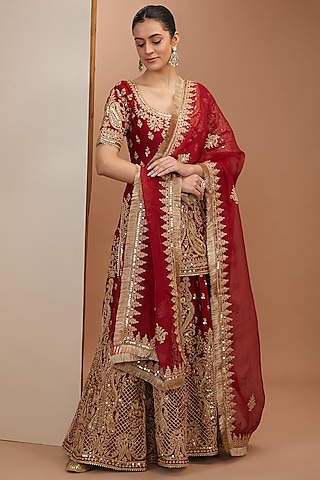 Red Silk Chanderi Kashmiri Embroidered Sharara Set by Sheetal Batra