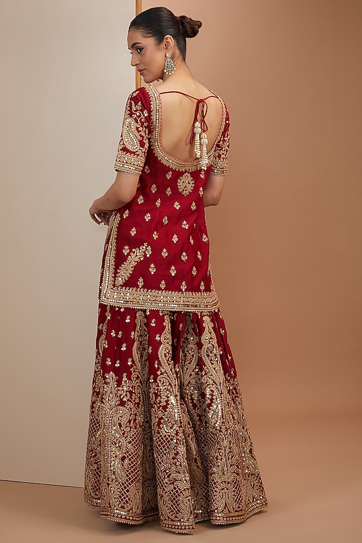 Red Silk Chanderi Kashmiri Embroidered Bridal Sharara Set by Sheetal Batra at Pernia's Pop Up Shop
