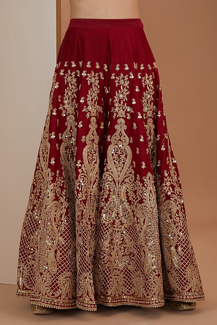 Red Silk Chanderi Kashmiri Embroidered Bridal Sharara Set by Sheetal Batra at Pernia's Pop Up Shop