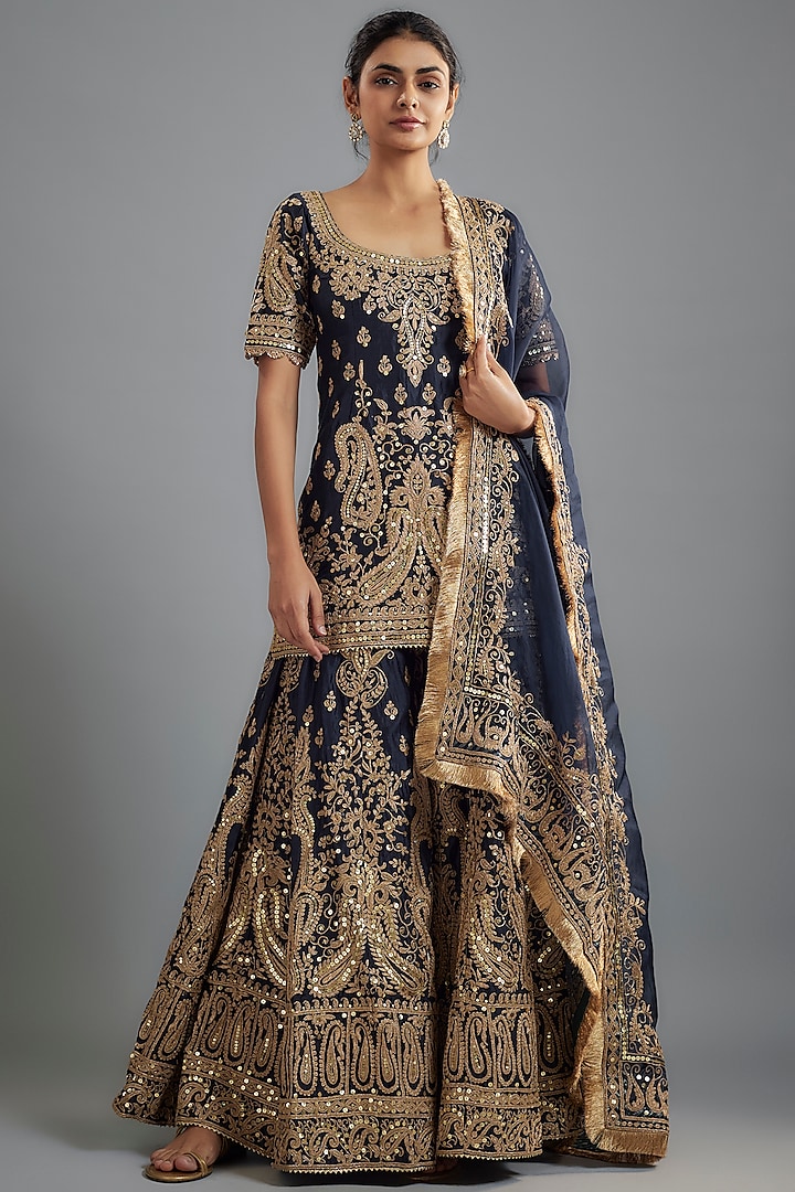 Deep Blue Chanderi Silk Kiran Dori Embroidered Sharara Set by Sheetal Batra at Pernia's Pop Up Shop