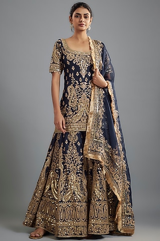 Deep Blue Chanderi Silk Kiran Dori Embroidered Sharara Set by Sheetal Batra