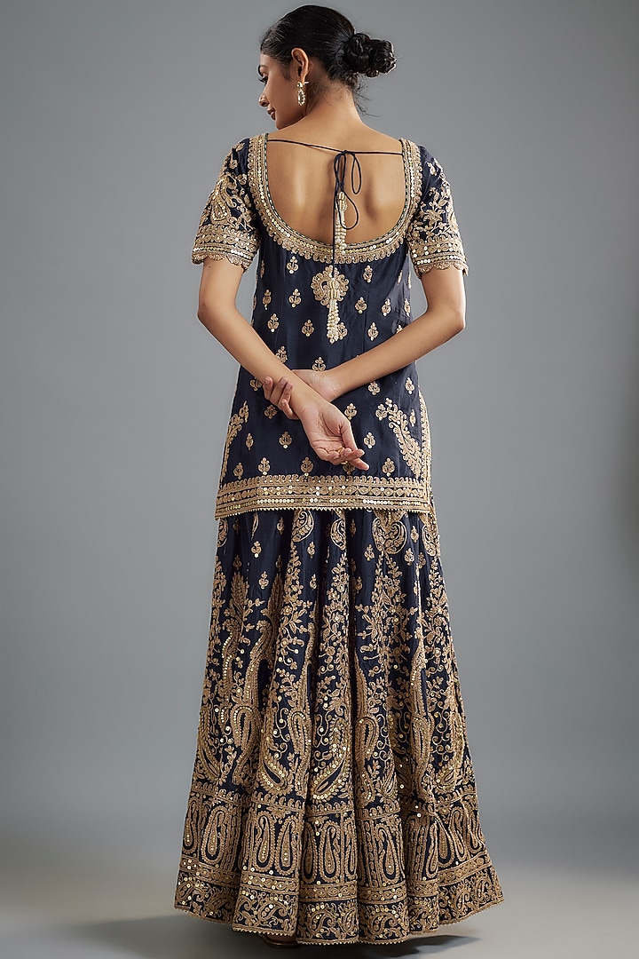Deep Blue Chanderi Silk Kiran Dori Embroidered Bridal Sharara Set by Sheetal Batra at Pernia's Pop Up Shop