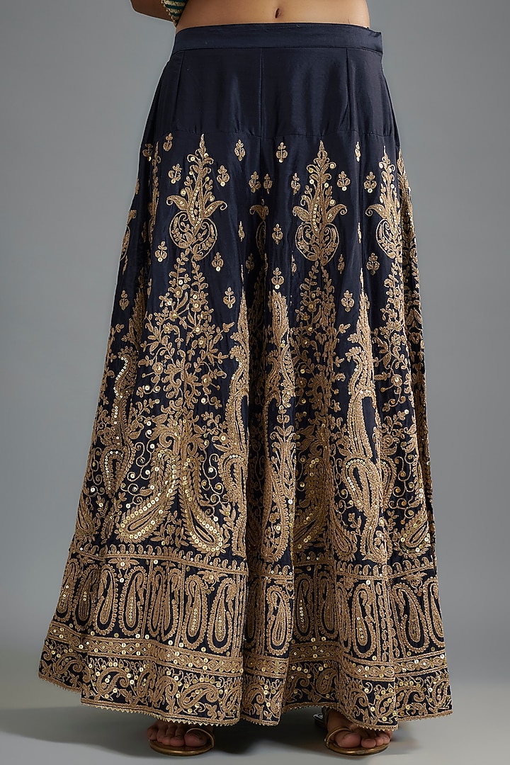 Deep Blue Chanderi Silk Kiran Dori Embroidered Bridal Sharara Set by Sheetal Batra at Pernia's Pop Up Shop