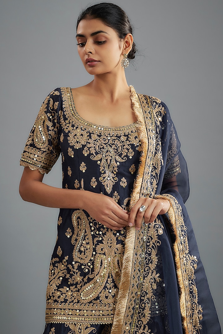 Deep Blue Chanderi Silk Kiran Dori Embroidered Bridal Sharara Set by Sheetal Batra at Pernia's Pop Up Shop