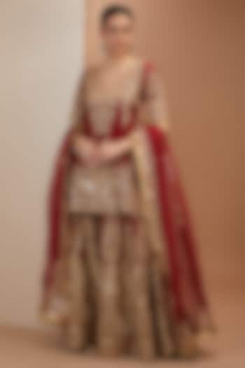 Red Silk Chanderi Kashmiri Embroidered Sharara Set by Sheetal Batra at Pernia's Pop Up Shop