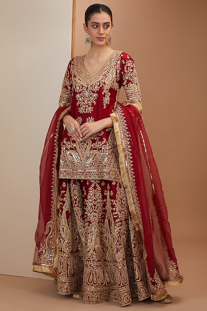 Red Silk Chanderi Kashmiri Embroidered Sharara Set by Sheetal Batra at Pernia's Pop Up Shop