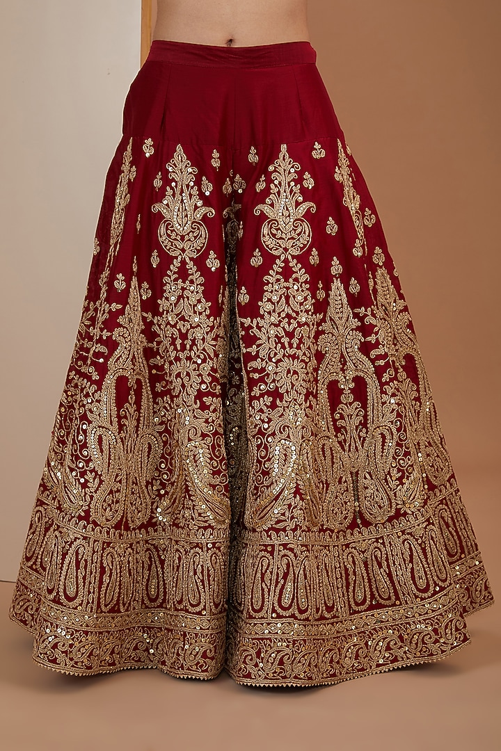 Red Silk Chanderi Kashmiri Embroidered Bridal Sharara Set by Sheetal Batra at Pernia's Pop Up Shop