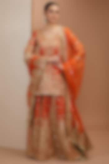 Orange Silk Chanderi Kashmiri Embroidered Sharara Set by Sheetal Batra at Pernia's Pop Up Shop