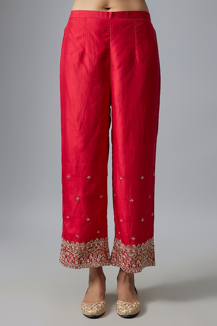 Red Habutai Silk Zardosi Embroidered Kurta Set by Sheetal Batra at Pernia's Pop Up Shop