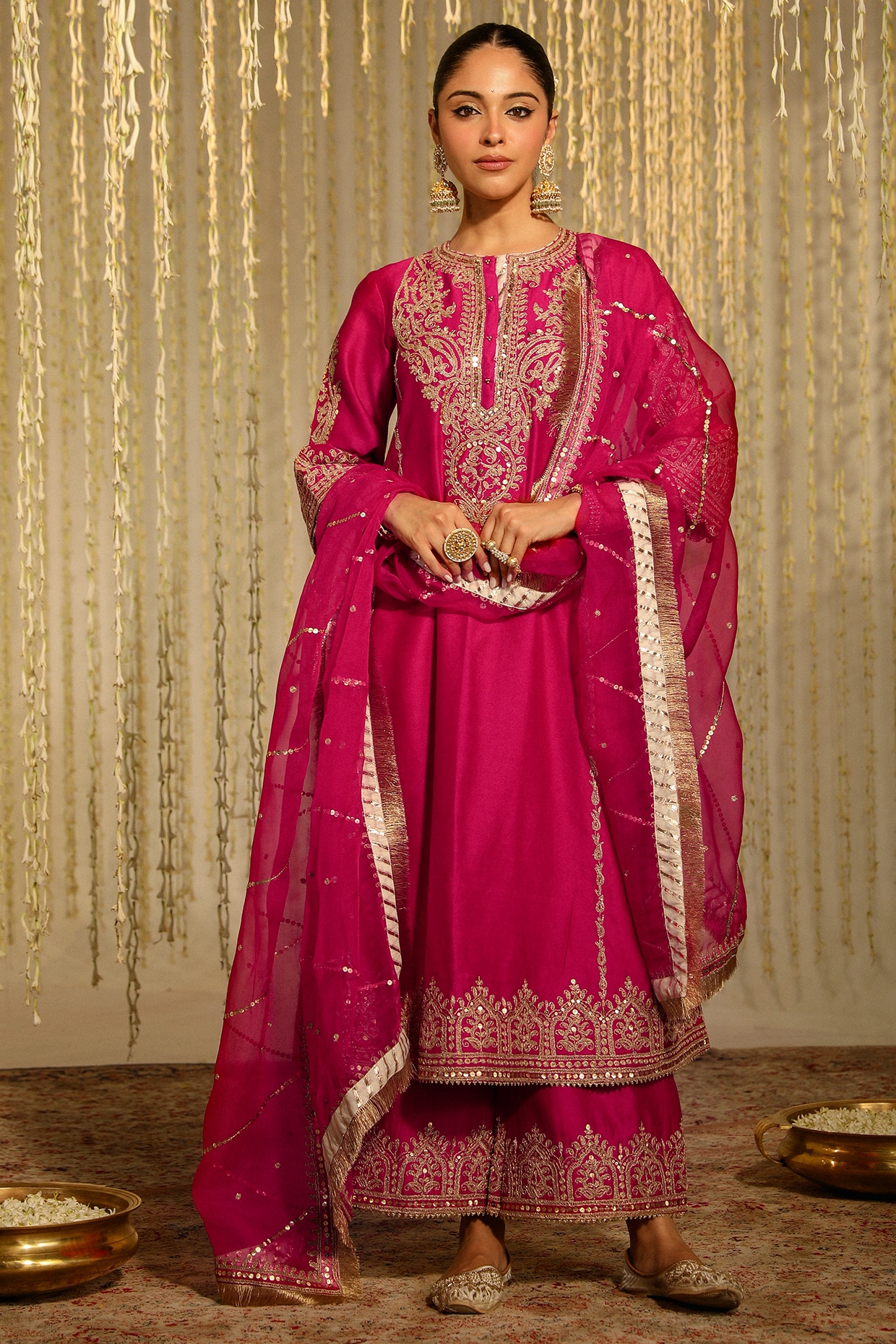 Dark Pink - Leheriya Tie-Dye Chanderi Silk A-Line Kurta