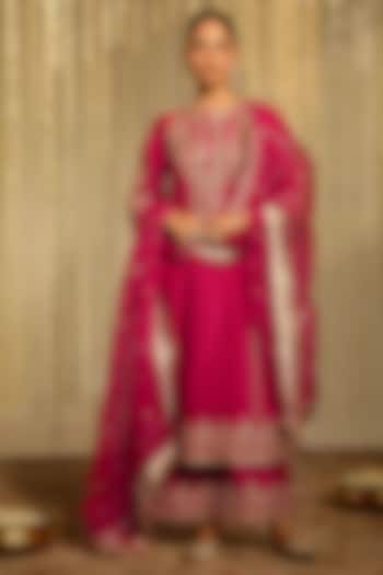 Hot Pink Pure Silk Chanderi Sitara Embroidered A-Line Kurta Set by Sheetal Batra at Pernia's Pop Up Shop