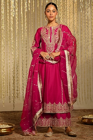 Hot Pink Pure Silk Chanderi Sitara Embroidered A-Line Kurta Set by Sheetal Batra