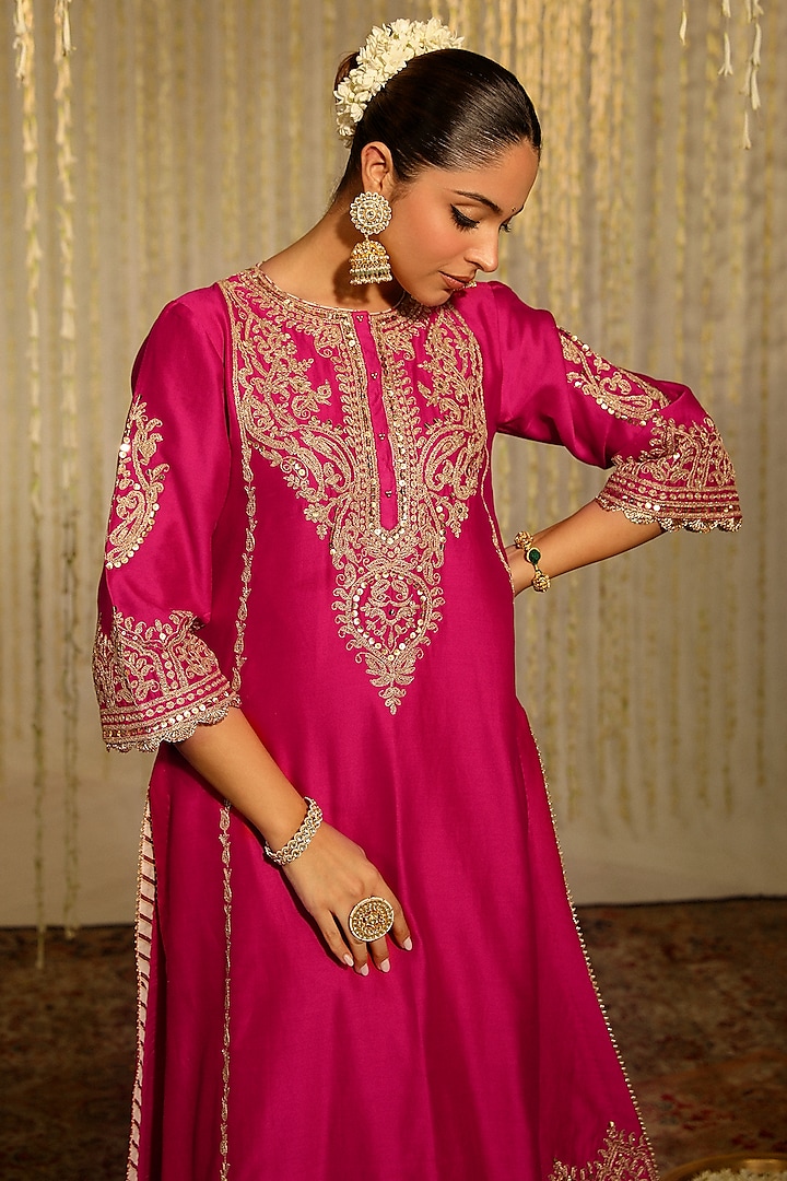 Hot Pink Pure Silk Chanderi Sitara Embroidered A-Line Kurta Set by Sheetal Batra at Pernia's Pop Up Shop