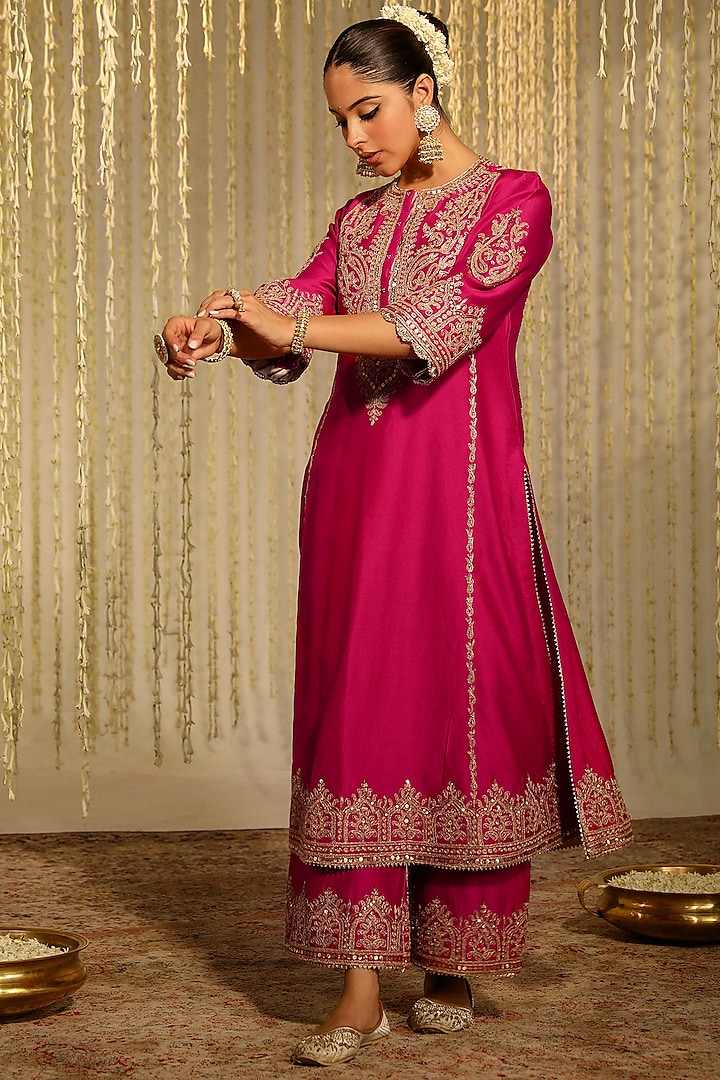 Hot Pink Pure Silk Chanderi Sitara Embroidered A-Line Kurta Set by Sheetal Batra at Pernia's Pop Up Shop