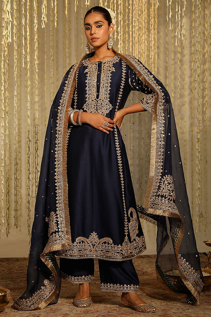 Deep Blue Pure Silk Chanderi Sitara Embroidered A-Line Kurta Set by Sheetal Batra at Pernia's Pop Up Shop