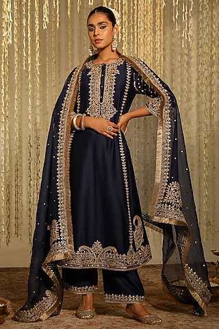 Deep Blue Pure Silk Chanderi Sitara Embroidered A-Line Kurta Set by Sheetal Batra