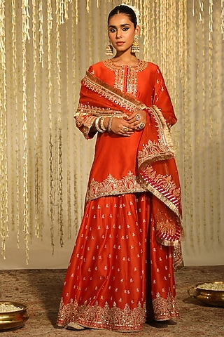 Burnt Orange Pure Silk Chanderi Embroidered Sharara Set by Sheetal Batra
