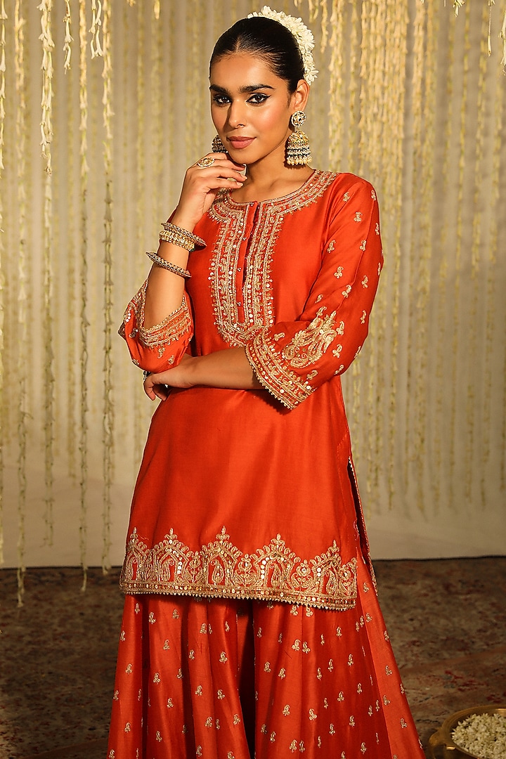 Burnt Orange Pure Silk Chanderi Embroidered Wedding Sharara Set by Sheetal Batra at Pernia's Pop Up Shop