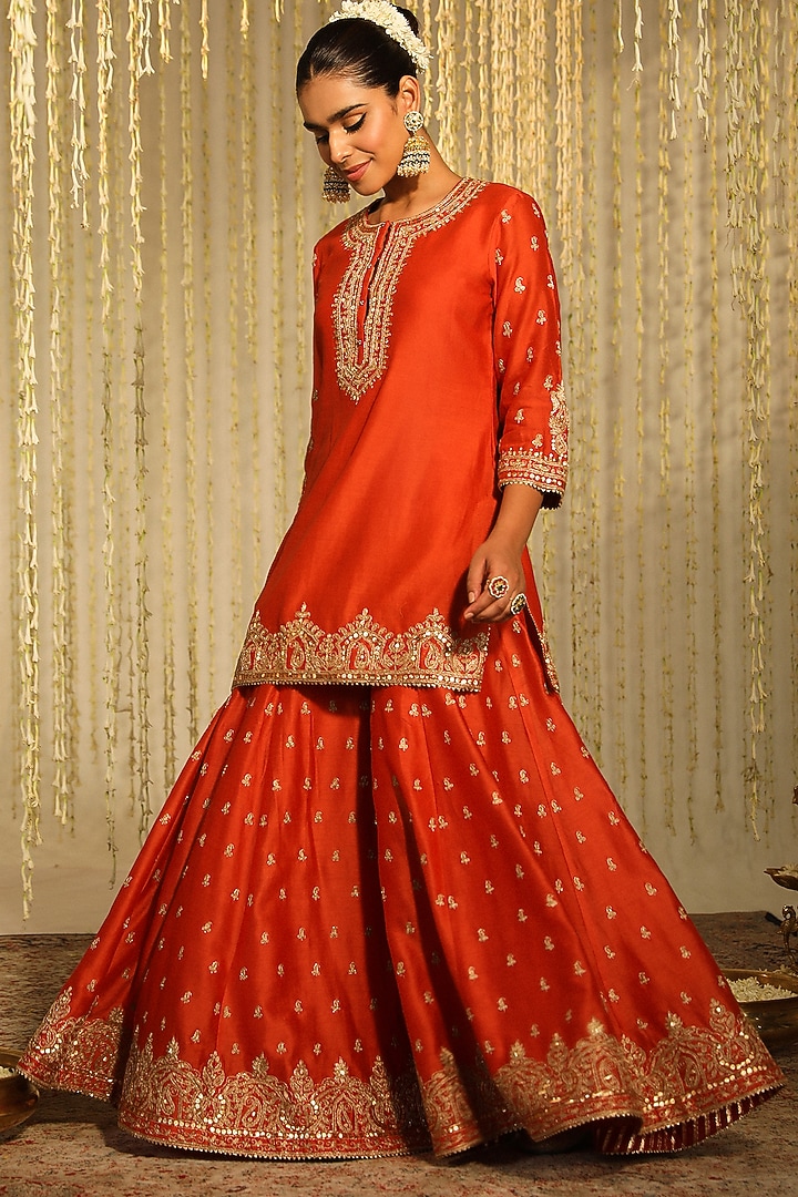 Burnt Orange Pure Silk Chanderi Embroidered Wedding Sharara Set by Sheetal Batra at Pernia's Pop Up Shop