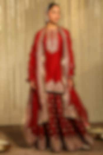 Deep Red Pure Silk Chanderi Embroidered Sharara Set by Sheetal Batra at Pernia's Pop Up Shop