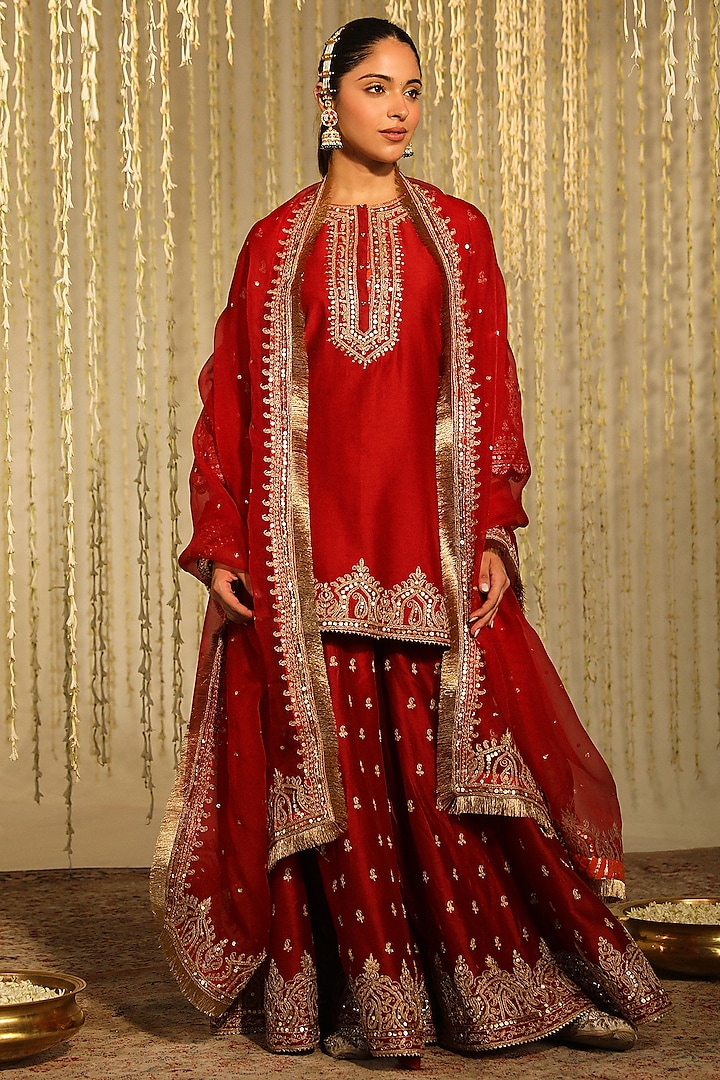 Deep Red Pure Silk Chanderi Embroidered Sharara Set by Sheetal Batra