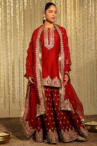 Deep Red Pure Silk Chanderi Embroidered Sharara Set by Sheetal Batra