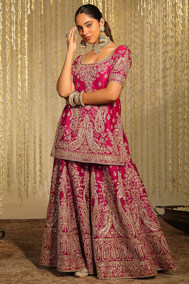 Hot Pink Pure Silk Chanderi Sitara Embroidered Straight Kurta Set by Sheetal Batra at Pernia's Pop Up Shop