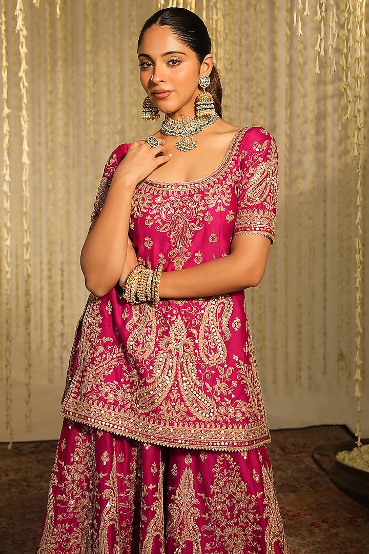 Hot Pink Pure Silk Chanderi Sitara Embroidered Straight Kurta Set by Sheetal Batra at Pernia's Pop Up Shop