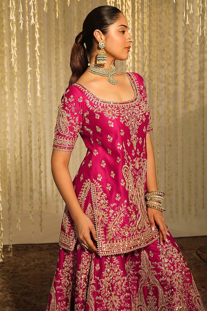 Hot Pink Pure Silk Chanderi Sitara Embroidered Straight Kurta Set by Sheetal Batra at Pernia's Pop Up Shop