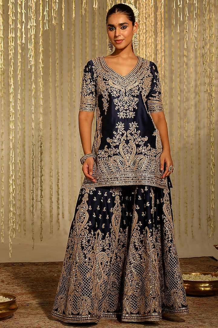Deep Blue Pure Silk Chanderi Sitara Embroidered Straight Kurta Set by Sheetal Batra at Pernia's Pop Up Shop