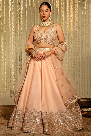 Rose Pink Pure Raw Silk Sitara Embroidered Lehenga Set by Sheetal Batra