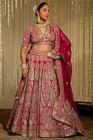 Hot Pink Pure Raw Silk Sitara Embroidered Lehenga Set by Sheetal Batra