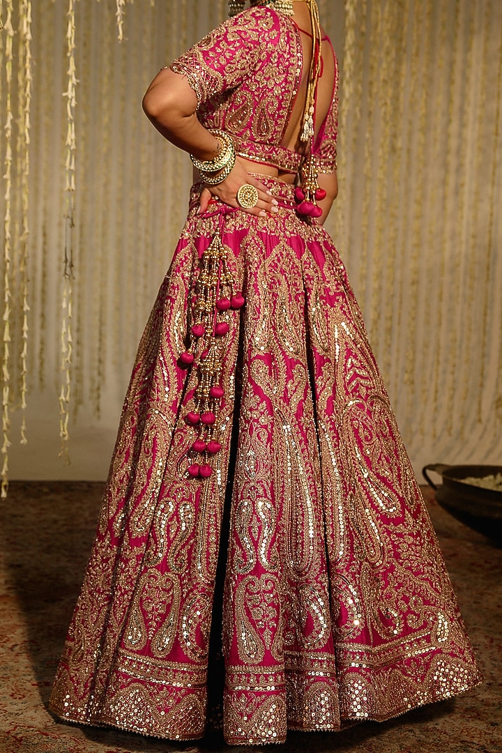 Hot Pink Pure Raw Silk Sitara Embroidered Bridal Lehenga Set by Sheetal Batra at Pernia's Pop Up Shop