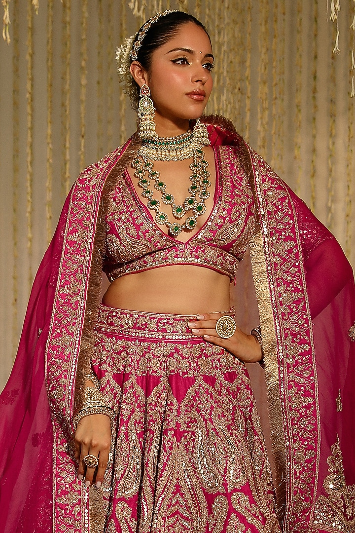 Hot Pink Pure Raw Silk Sitara Embroidered Bridal Lehenga Set by Sheetal Batra at Pernia's Pop Up Shop