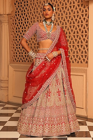 Deep Red Raw Silk Zardosi & Dabka Embroidered Lehenga Set by Sheetal Batra