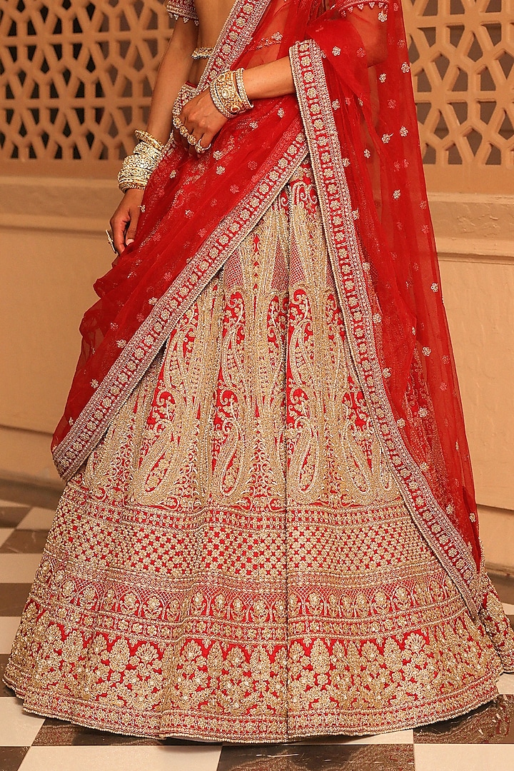 Deep Red Raw Silk Zardosi & Dabka Embroidered Bridal Lehenga Set by Sheetal Batra at Pernia's Pop Up Shop