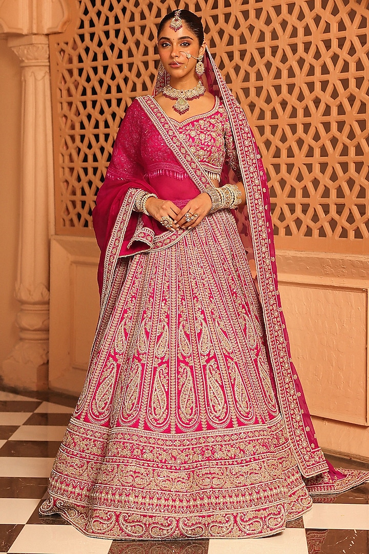 Hot Pink Raw Silk Zardosi & Dabka Embroidered Bridal Lehenga Set by Sheetal Batra at Pernia's Pop Up Shop