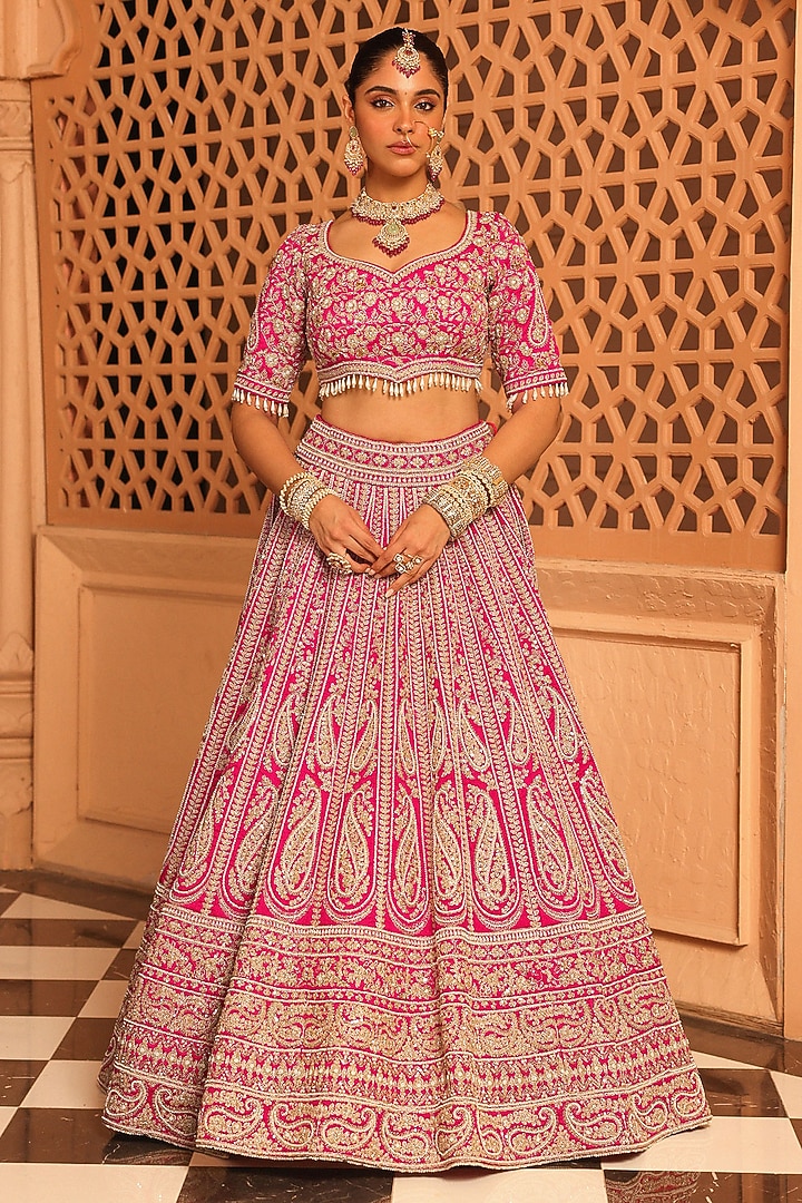 Hot Pink Raw Silk Zardosi & Dabka Embroidered Bridal Lehenga Set by Sheetal Batra at Pernia's Pop Up Shop