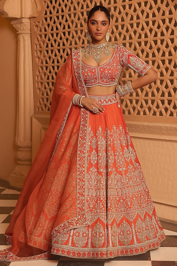 Orange Raw Silk Zardosi & Dabka Embroidered Bridal Lehenga Set by Sheetal Batra at Pernia's Pop Up Shop