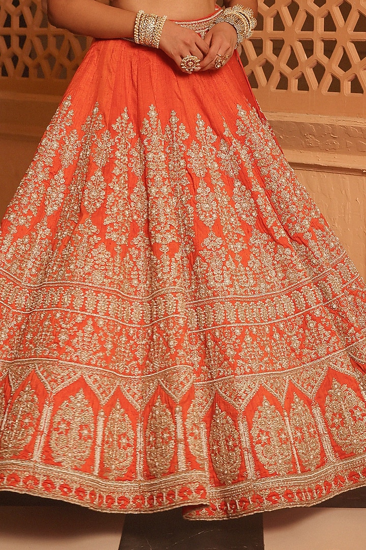 Orange Raw Silk Zardosi & Dabka Embroidered Bridal Lehenga Set by Sheetal Batra at Pernia's Pop Up Shop