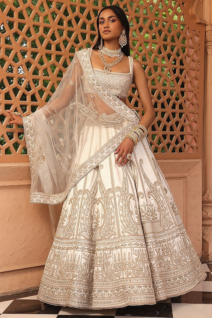 Ivory Raw Silk Zardosi & Dabka Embroidered Lehenga Set by Sheetal Batra