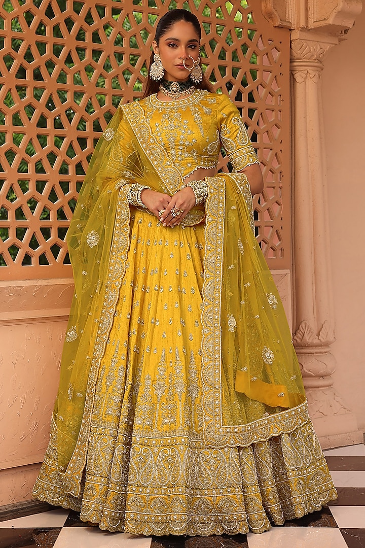 Mustard Raw Silk Zardosi & Dabka Embroidered Bridal Lehenga Set by Sheetal Batra at Pernia's Pop Up Shop