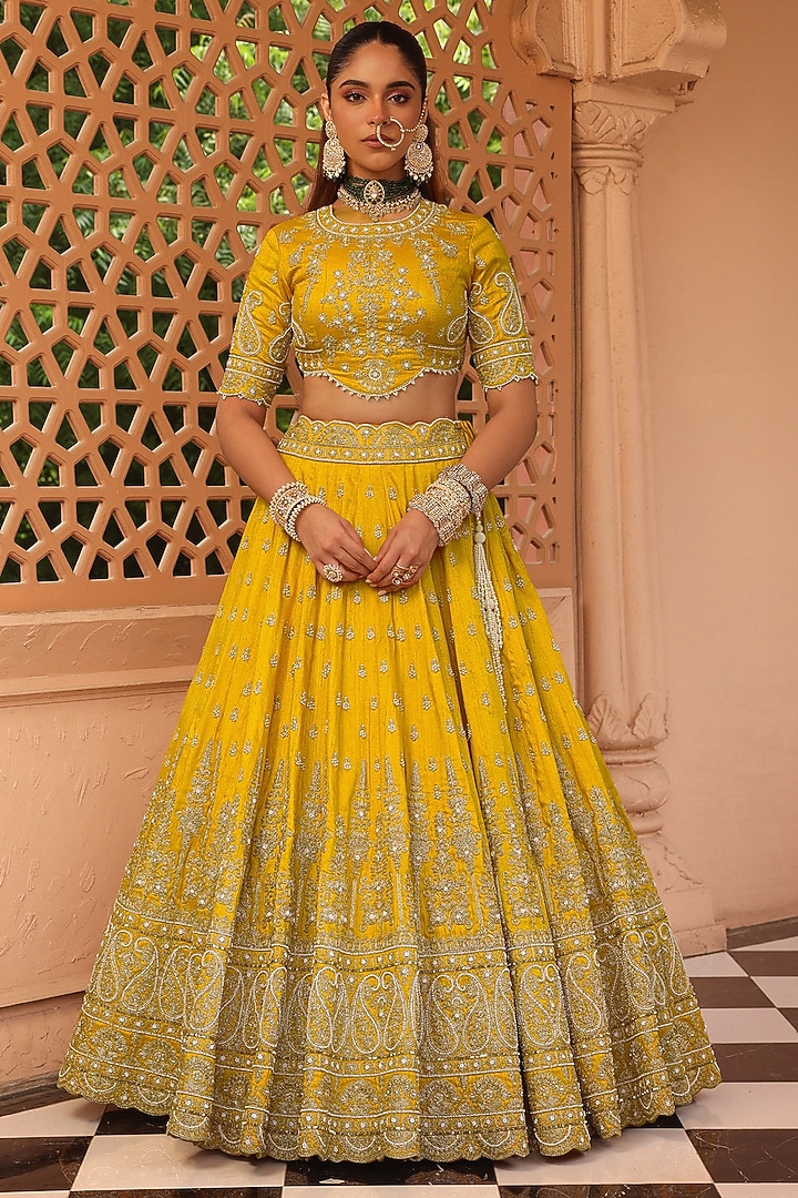 Mustard Raw Silk Zardosi & Dabka Embroidered Bridal Lehenga Set by Sheetal Batra at Pernia's Pop Up Shop