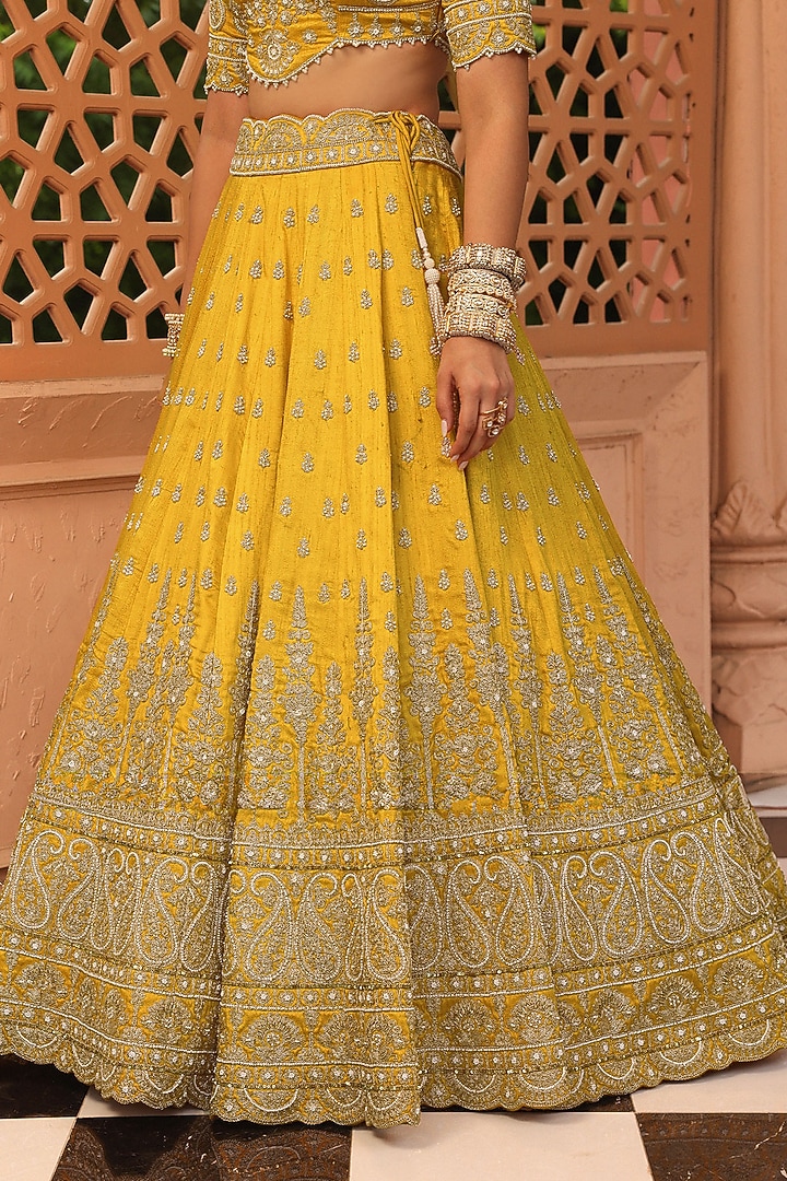 Mustard Raw Silk Zardosi & Dabka Embroidered Bridal Lehenga Set by Sheetal Batra at Pernia's Pop Up Shop