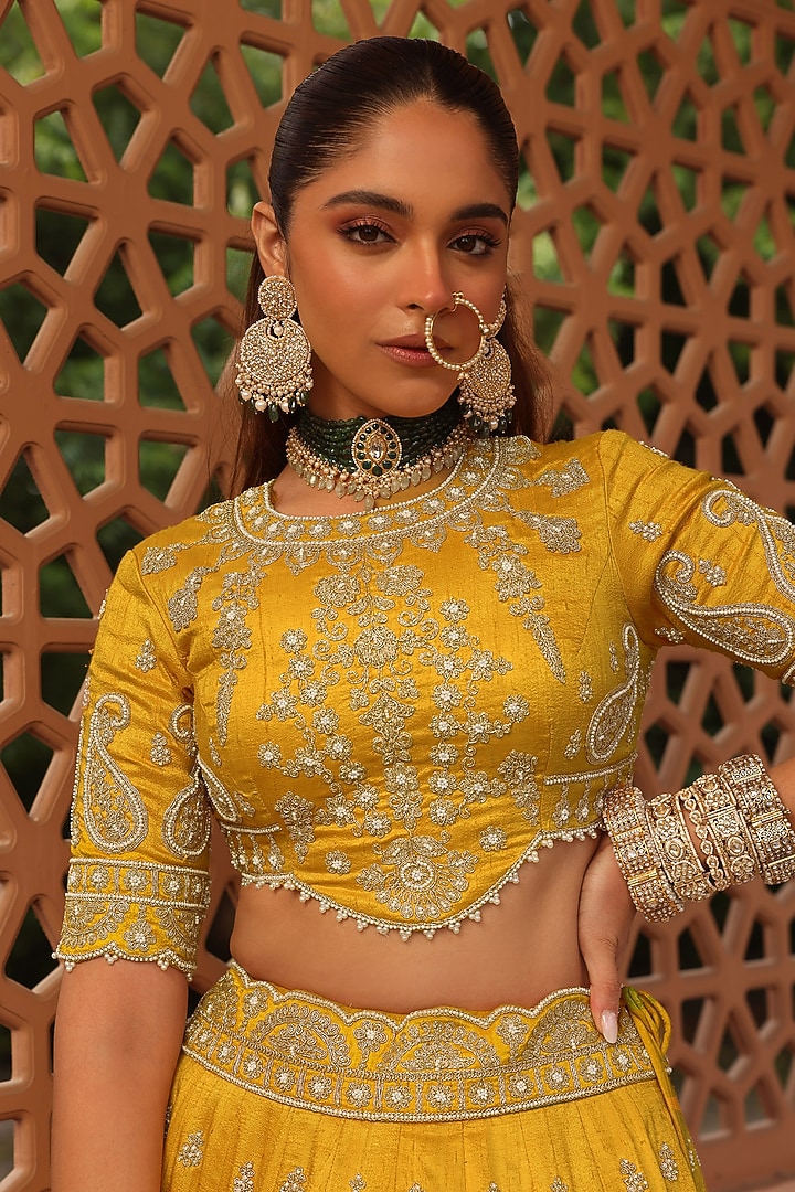 Mustard Raw Silk Zardosi & Dabka Embroidered Bridal Lehenga Set by Sheetal Batra at Pernia's Pop Up Shop