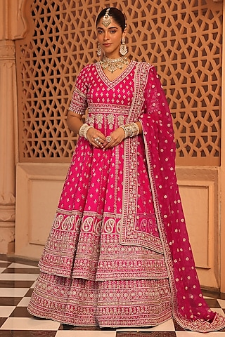 Hot Pink Raw Silk Kindori Embroidered Anarkali Lehenga Set by Sheetal Batra